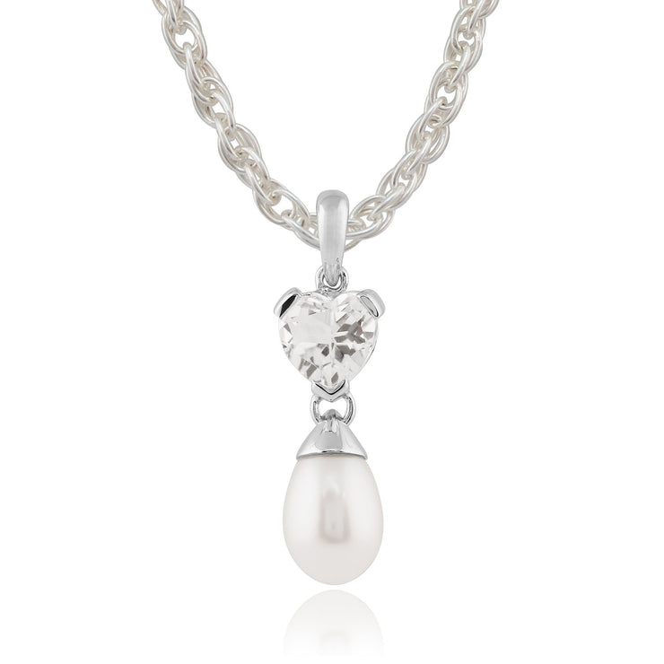 Classic Pearl & Heart White Topaz Drop Earrings & Pendant Set Image 4