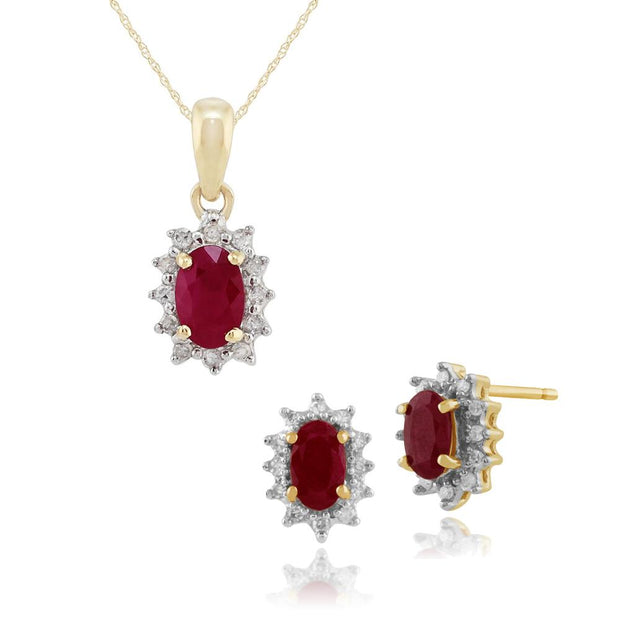 Classic Ruby & Diamond Halo Stud Earrings & Pendant Set Image 1