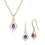 Classic Amethyst & Diamond Leaf Drop Earrings & Pendant Set Image 1