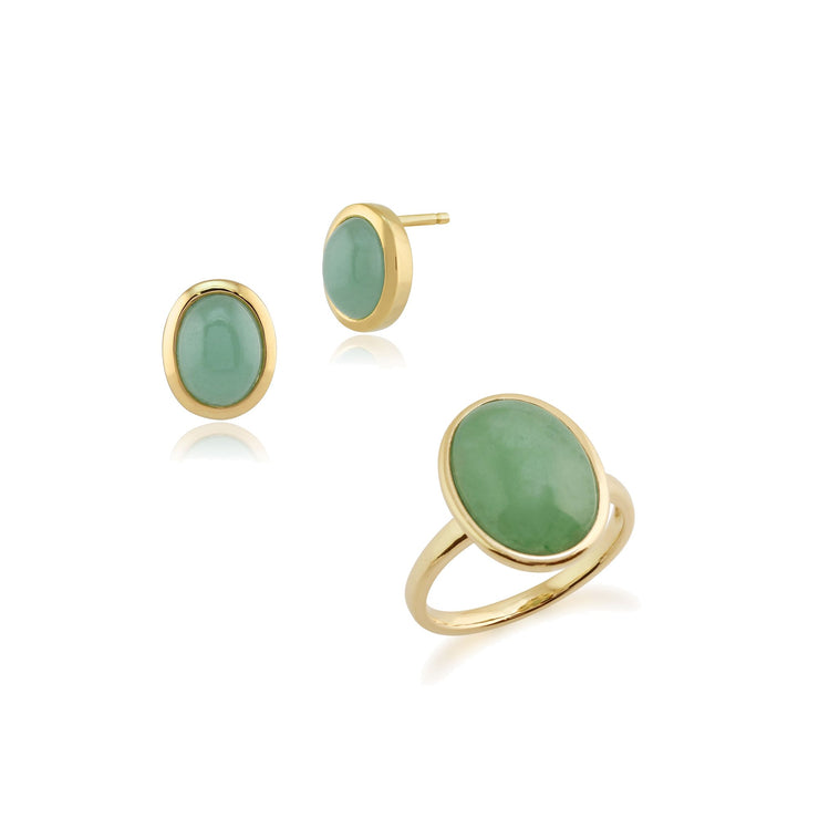 Classic Green Jade Bezel Stud Earrings & Cocktail Ring Set Image 1