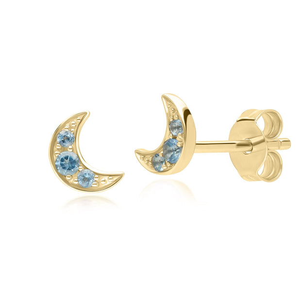 Night Sky London Blue Topaz Moon Stud Earrings in 9ct Yellow Gold