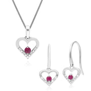 Classic Ruby & Diamond Heart Drop Earrings & Pendant Set Image 1