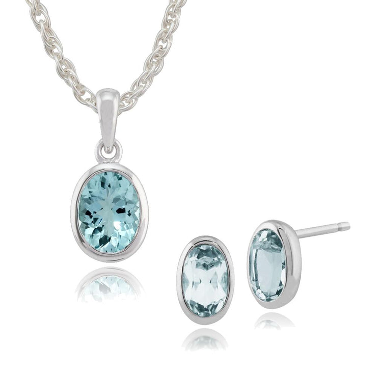 Classic Oval Aquamarine Bezel Stud Earrings & Pendant Set Image 1