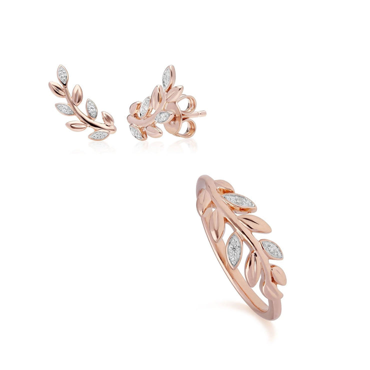 O Leaf Diamond Stud Earring & Ring Set in 9ct Rose Gold