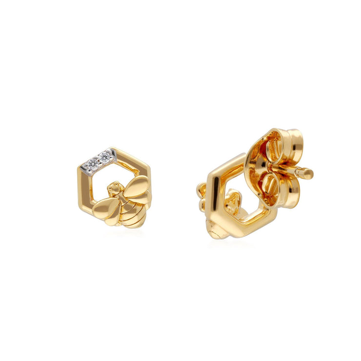 Honeycomb Inspired Diamond Hexagon Bee Earrings in 9ct Yellow Gold