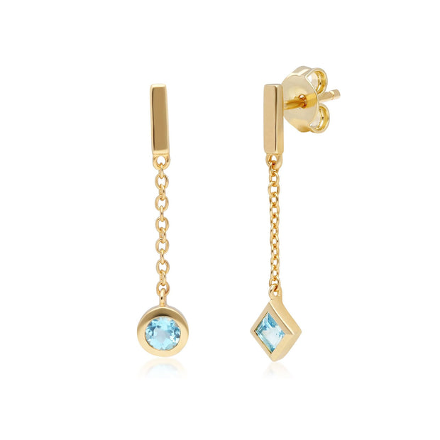 Micro Statement Mismatched Blue Topaz Dangle Earrings in 9ct Yellow Gold