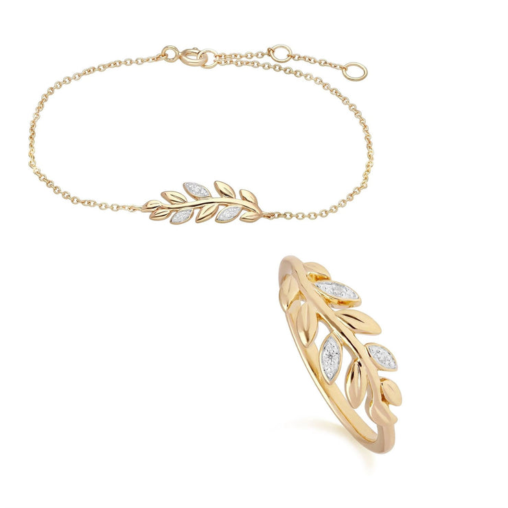 O Leaf Diamond Bracelet & Ring Set in 9ct Yellow Gold