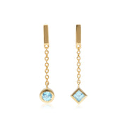 Micro Statement Mismatched Blue Topaz Dangle Earrings in 9ct Yellow Gold