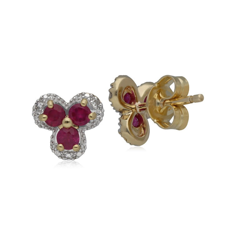 Classic Floral Ruby & Diamond Stud Earrings in 9ct Yellow Gold
